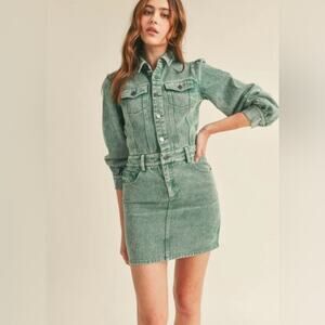 &merci En Merci Acid Wash Denim Mini Dress Jean Balloon Sleeve Green Blue Small